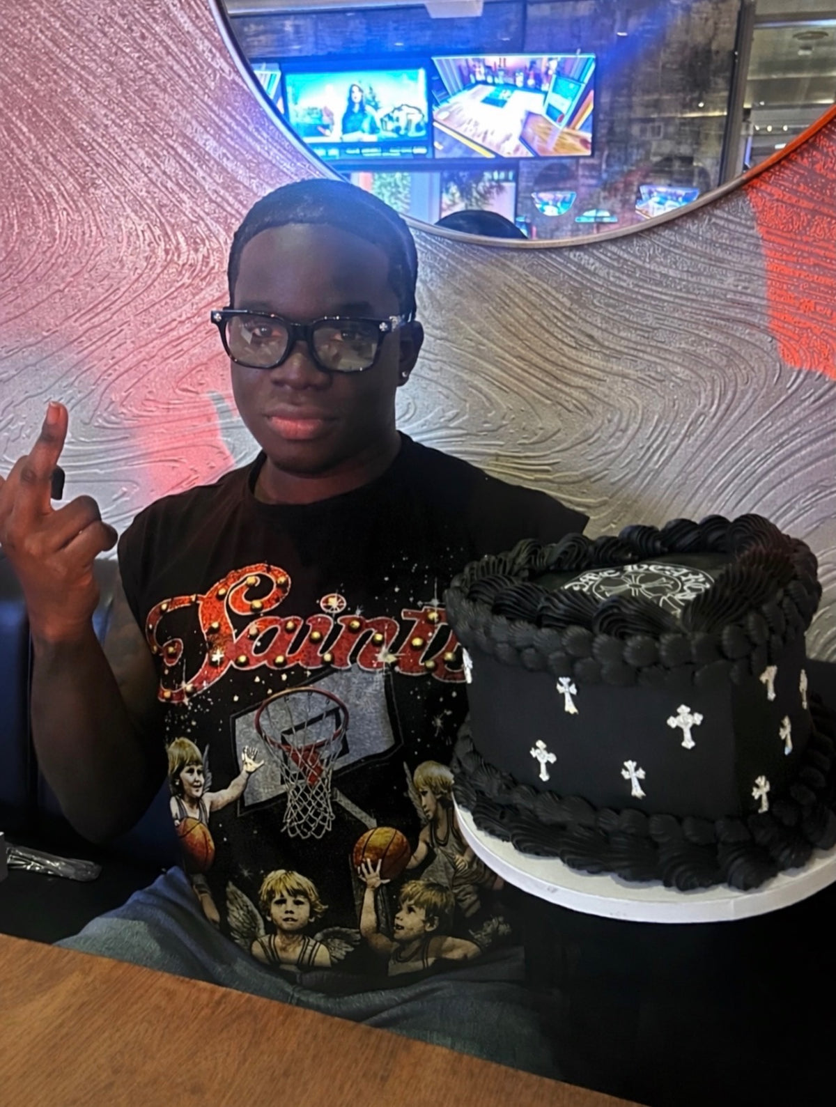 Customer celebrating with a cake